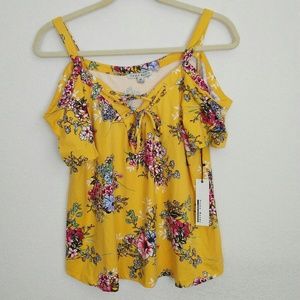 NWT Haute Monde Yellow Floral Cold Shoulder Top
